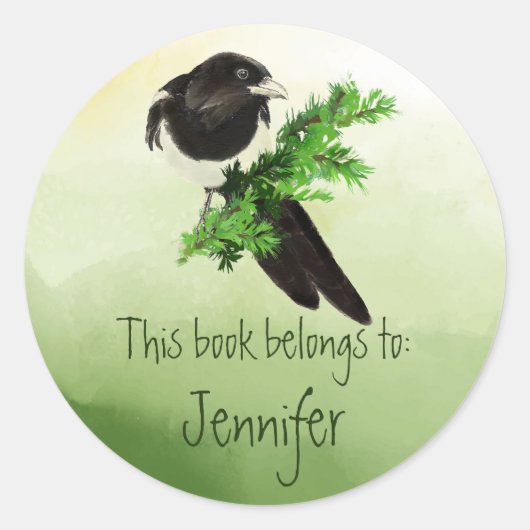 水彩マグパイバード自然図書室プレート ラウンドシール (正面)