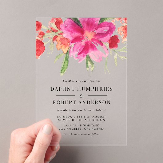 水彩マゼンタピンクの花植物園結婚の アクリル招待状 (インサイチュ (ポータブル))