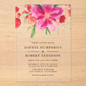 水彩マゼンタピンクの花植物園結婚の アクリル招待状 (正面)