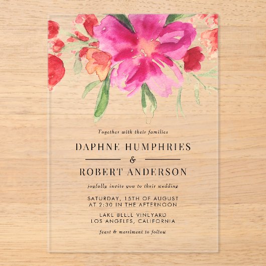 水彩マゼンタピンクの花植物園結婚の アクリル招待状 (正面)