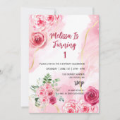 水彩マゼンタピンクローズ第1誕生日写真 招待状 (正面)