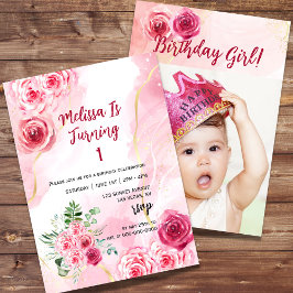水彩マゼンタピンクローズ第1誕生日写真 招待状