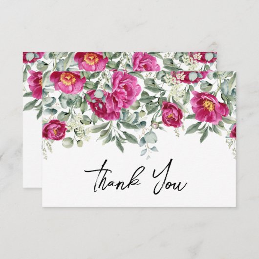 水彩マゼンタピーニーグリーン結婚ズ サンキューカード (正面/裏面)