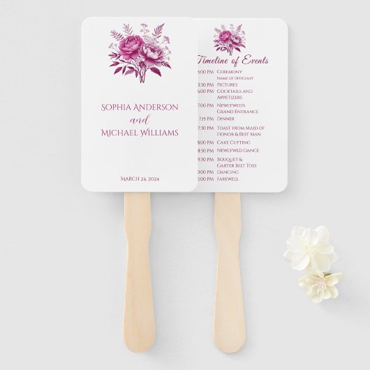 水彩マゼンタピーニー – 結婚式 プログラム ハンドファン (正面&裏面)