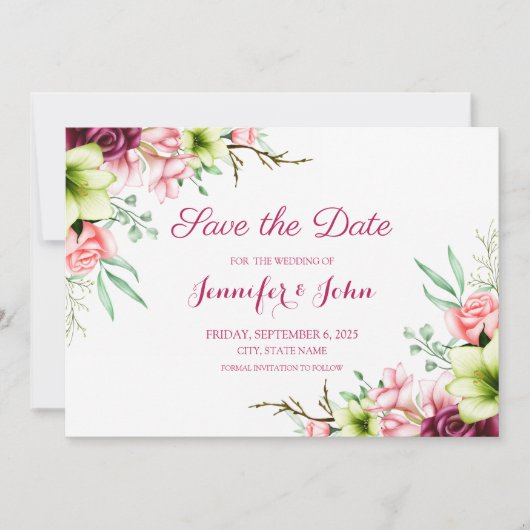 水彩マゼンタレッドアマリリスフローラ結婚ズ セーブザデート (正面)