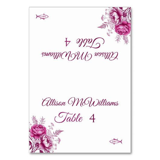 水彩マゼンタ牡丹 – 魚アイコン結婚- テーブルナンバー (正面)