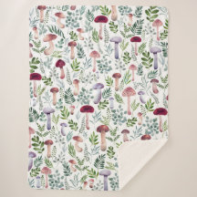 水彩マッシュルームと緑葉の模様