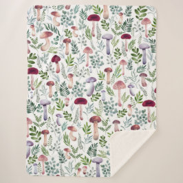 水彩マッシュルームと緑葉の模様 シェルパブランケット