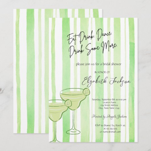 水彩マティーニグリーンのストライプ柄 ブライダルシャワー 招待状 (正面/裏面)