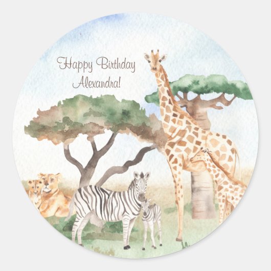 水彩ママとベビーアフリカ動物誕生日 ラウンドシール (正面)