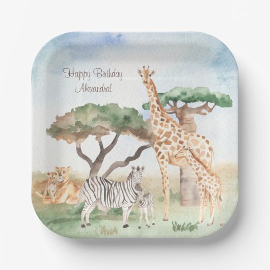 水彩ママとベビーアフリカ動物 ペーパープレート (正面)