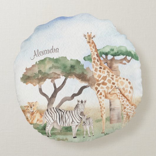 水彩ママとベビーアフリカ動物 ラウンドクッション (裏面)