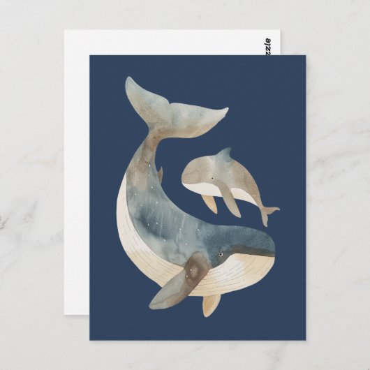 水彩ママクジラ&ふくらはぎ可愛いネイビーブルー ポストカード (正面/裏面)