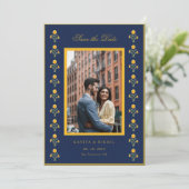 水彩マリーゴールド ネイビー フォト セーブ・ザ・デート (スタンド正面)