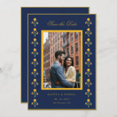 水彩マリーゴールド ネイビー フォト セーブ・ザ・デート (正面/裏面)