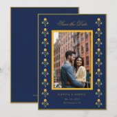 水彩マリーゴールド ネイビー 写真 セーブ・ザ・デート (正面/裏面)