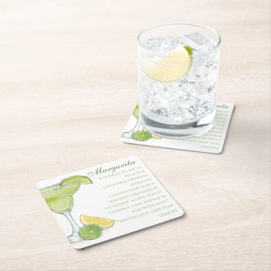 水彩マルガリタカクテルレシピ水彩 スクエアペーパーコースター (インサイチュ)