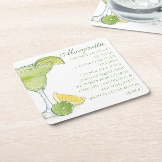 水彩マルガリタカクテルレシピ水彩 スクエアペーパーコースター (アングル)