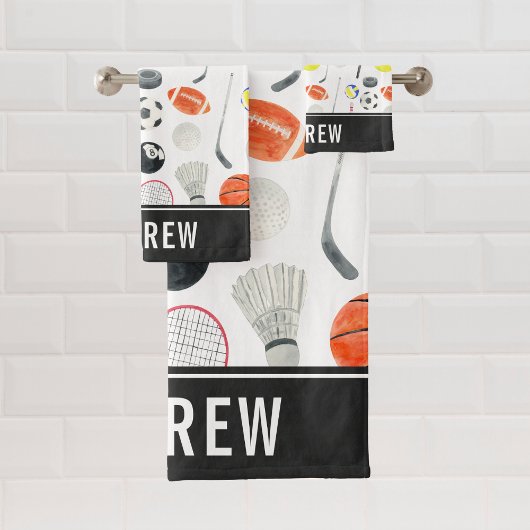 水彩マルチスポーツパターン ボール キッズ少年名 バスタオルセット