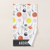 水彩マルチスポーツパターン ボール キッズ少年名 バスタオルセット (ハンドタオル)