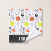 水彩マルチスポーツパターン ボール キッズ少年名 バスタオルセット (ウォッシュタオル)