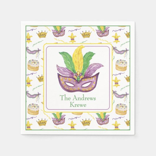 水彩マルディグラスマスクパーソナライズされた スタンダードカクテルナプキン (正面)