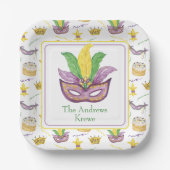 水彩マルディグラスマスクパーソナライズされた ペーパープレート (正面)