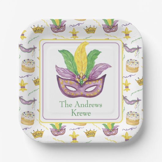 水彩マルディグラスマスクパーソナライズされた ペーパープレート (正面)
