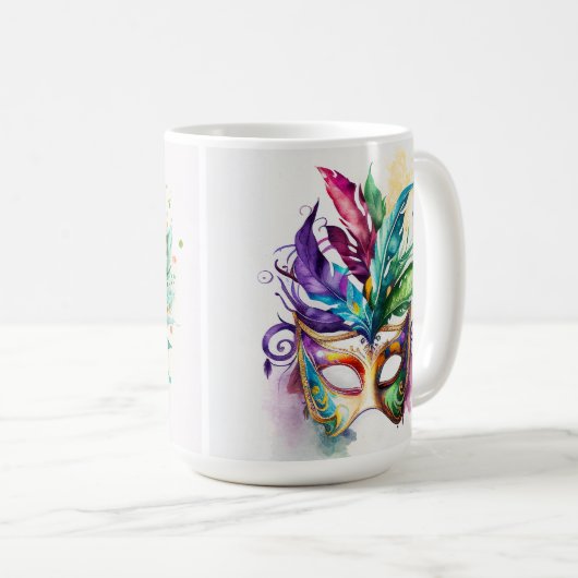 水彩マルディグラスマスク&フェザー コーヒーマグカップ (正面右)