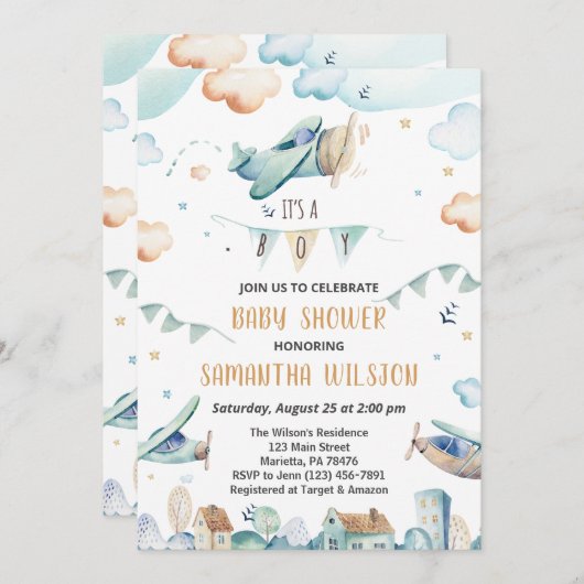 水彩マンガ飛行機ベビーシャワー 招待状 (正面/裏面)