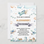 水彩マンガ飛行機子供の誕生日インビタット 招待状 (正面)