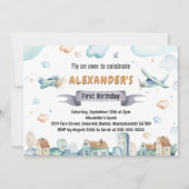水彩マンガ飛行機子供の誕生日 招待状 (正面)