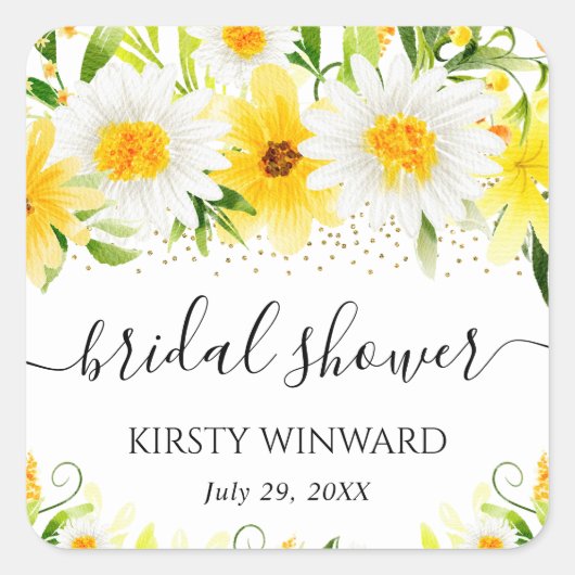水彩マーガレットと黄色の花のブライダルシャワー スクエアシール (正面)