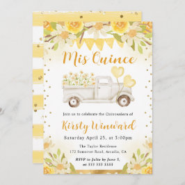 水彩マーガレットのトラックと花のキンセアニエラ 招待状