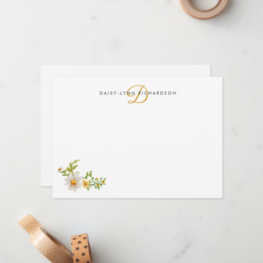 水彩マーガレット黄色のイニシャル ノートカード (正面/裏面インサイチュ)