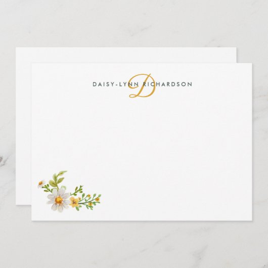 水彩マーガレット黄色のイニシャル ノートカード (正面/裏面)