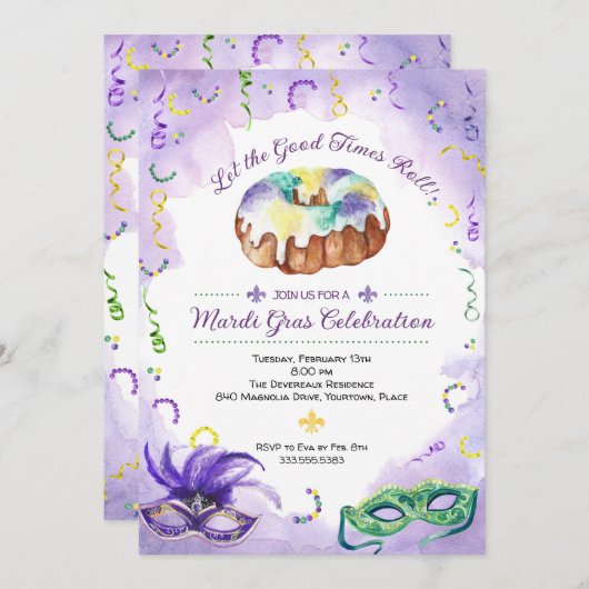 水彩マーディグラス、ファットチューズデーパーティー 招待状 (正面/裏面)