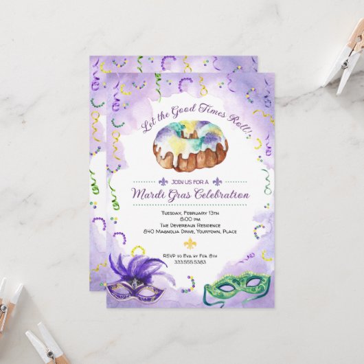 水彩マーディ・グラス、ファット・チューズデーパーティー 招待状 (正面/裏面インサイチュ)