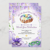 水彩マーディ・グラス、ファット・チューズデーパーティー 招待状 (正面/裏面)