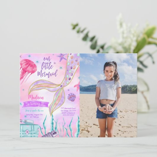 水彩マーメイドフォト招待状 招待状 (スタンド正面)