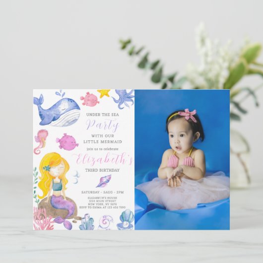 水彩マーメイド誕生日招待状付き写真 招待状 (スタンド正面)