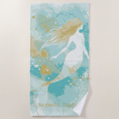 水彩マーメイド金ゴールドとアクアパーソナライズされた ビーチタオル (正面)