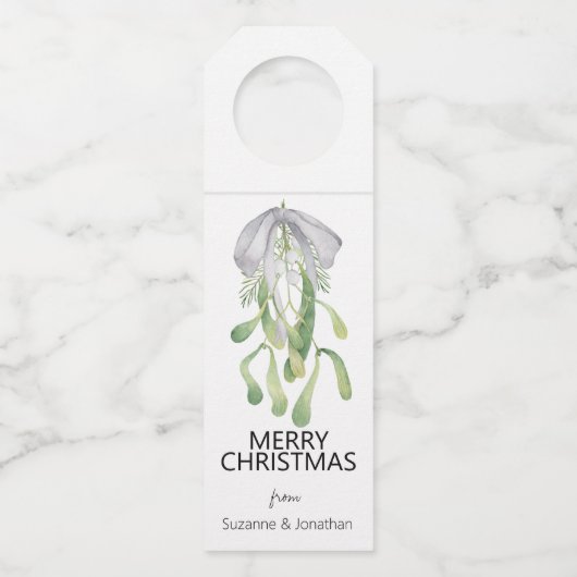 水彩ミスタルトーリボン葉クリスマスクリスマス ボトルネックタグ (正面)