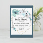 水彩ミストブルーグレーティール（緑がかった色）フローラ金ゴールドフレーム 招待状 (スタンド正面)