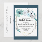 水彩ミストブルーグレーティール（緑がかった色）フローラ金ゴールドフレーム 招待状 (正面/裏面)