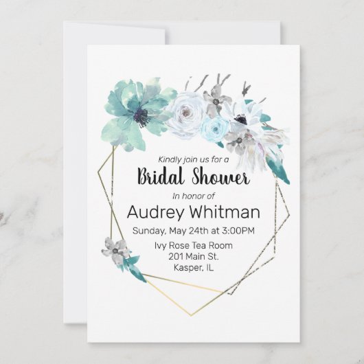 水彩ミストブルーグレーティール（緑がかった色）フローラ金ゴールドフレーム 招待状 (正面)