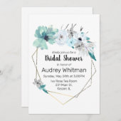 水彩ミストブルーグレーティール（緑がかった色）フローラ金ゴールドフレーム 招待状 (正面/裏面)
