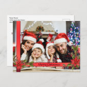 水彩ミストルー赤リボンフレーム写真 シーズンポストカード (正面/裏面)