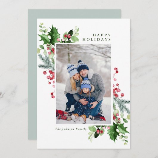 水彩ミストレトーホリーベリークリスマスフォト シーズンカード (正面/裏面)