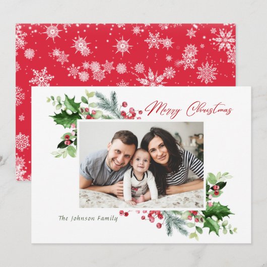 水彩ミストレトーホリーベリークリスマスフォト シーズンカード (正面/裏面)